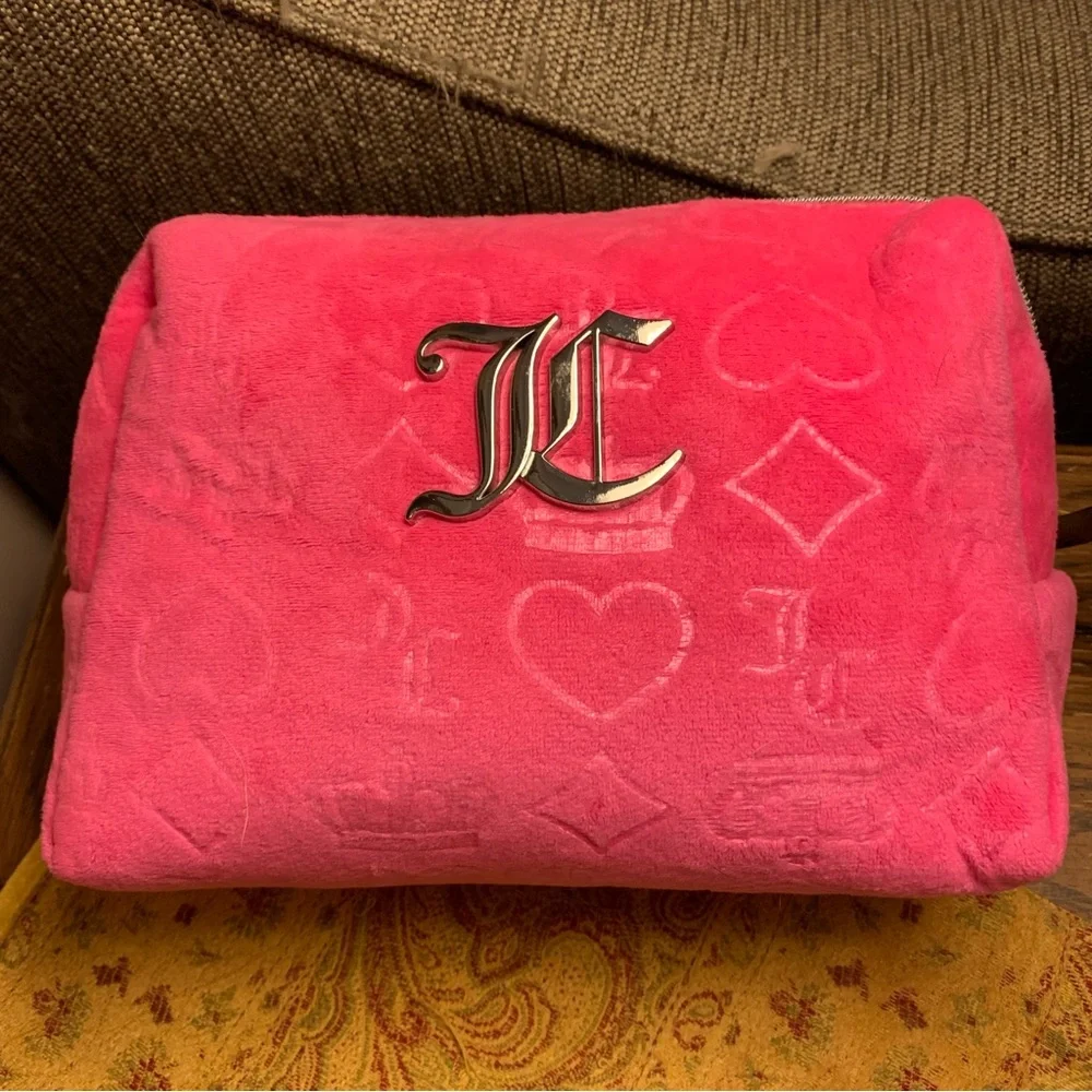 Juicy Couture Hot Pink Plush Cosmetic Case with Silver Monogram New With Tags